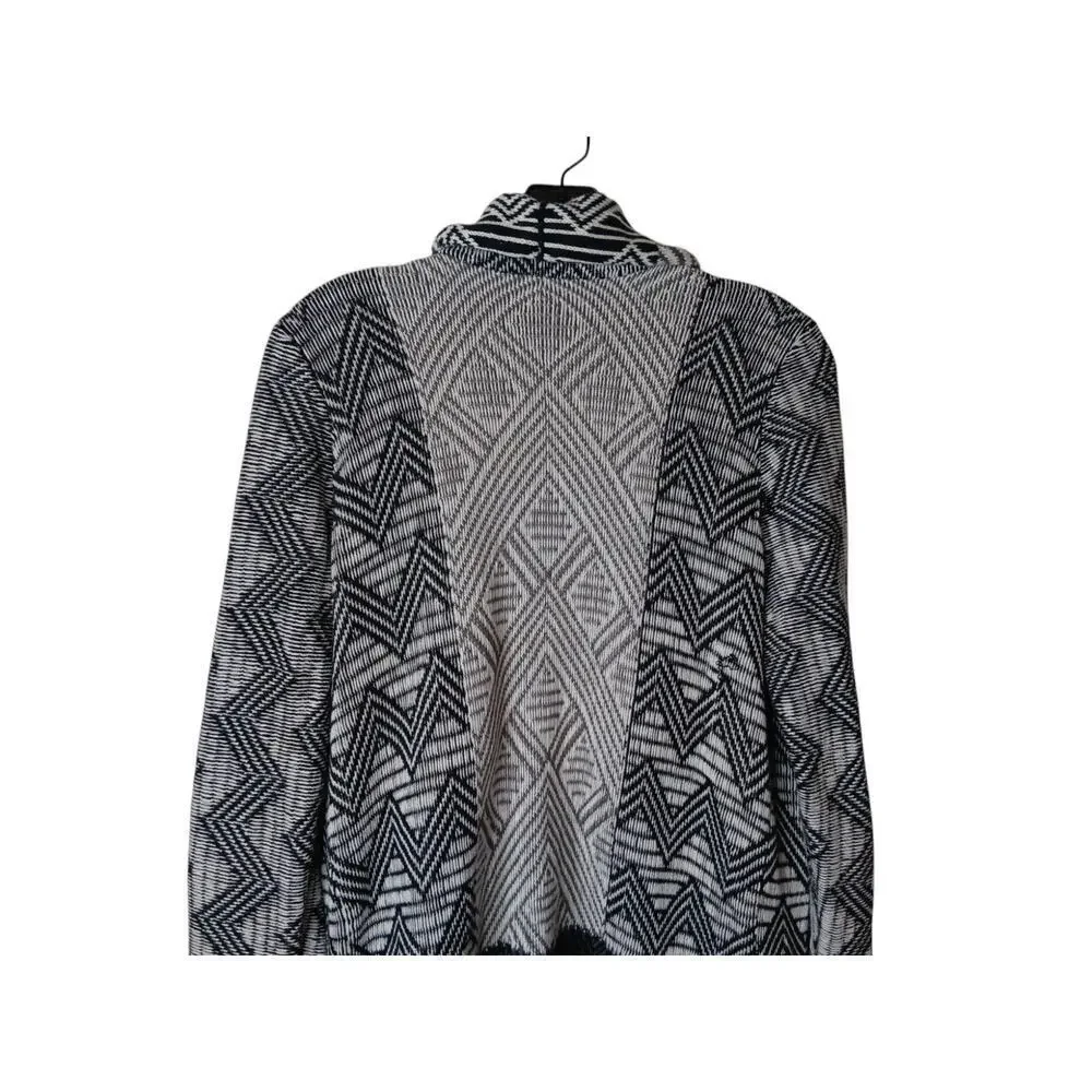 Lucky Brand Women’s Black White Open Front Cardigan Sweater Geometric Aztec M-L